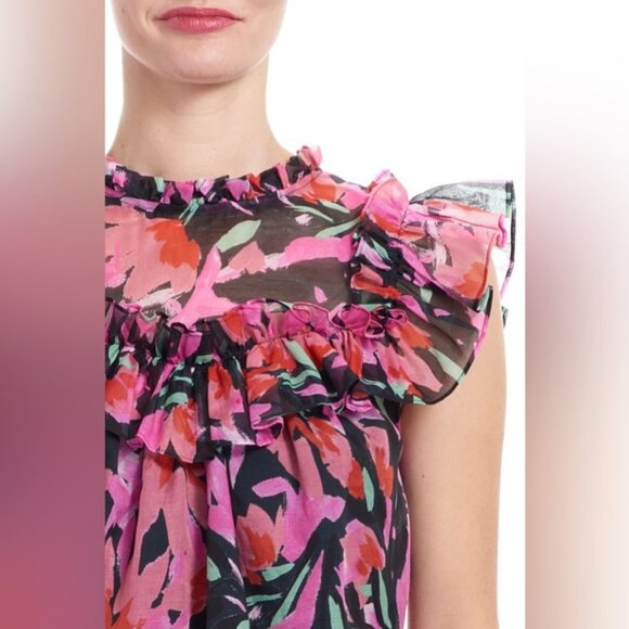 NWT COREY LYNN CALTER SILK Blend Cassandra Organza Yoke Floral Ruffles Top SMALL - Picture 2 of 15